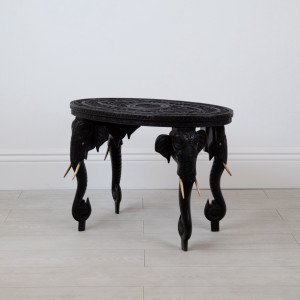 C1900 Carved Wood Small Oval Burmese Elephant Side Table With Camel Bone Tusks (T7643)