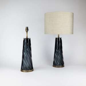 Pair Of Medium Grey Coloured Glass 'Swirl' Lamps On Antique Brass Bases (T7746)