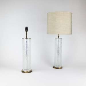 Pair Of Small Clear Bubble Glass 'Cylinder' Lamps On Antique Brass Bases (T7747)