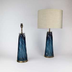 Pair Of Medium Blue Coloured Glass 'Swirl' Lamps On Antique Brass Bases (T7748)
