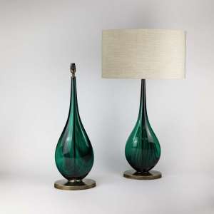Pair of Large Green Coloured Glass 'Squiggle' Lamps on Antique Brass Bases (T7757)